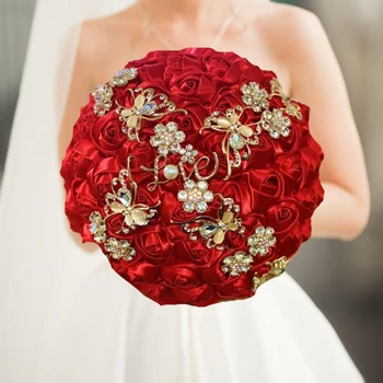 1 шт./лот, красный свадебный букет невесты, Искусственная роза из ленты