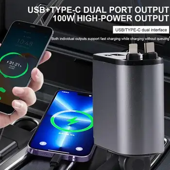 100 Вт, 4 В 1, Выдвижное автомобильное зарядное устройство USB Type C, кабель для iPhone Samsung, шнур быстрой зарядки, адаптер прикуривателя