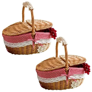 2 Плетеные корзины ручной работы, Плетеная Походная корзина для пикника, корзина для покупок, корзина для хранения и ручка, деревянная плетеная корзина для пикника