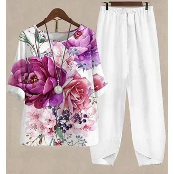 2023, Винтажная футболка среднего возраста на пуговицах, Летние брюки с цветочным принтом и коротким рукавом, Повседневная женская одежда из 2 предметов, осень