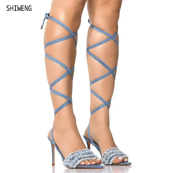 2023 Летние новые женские сандалии с ремешком, модные гладиаторские туфли с острым носком и перекрестными ремешками, туфли-лодочки на тонком высоком каблуке