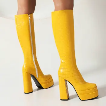 2023 Новая современная женская обувь Highway, зимние ярко-желтые туфли-лодочки на высоком каблуке до колена, Женские ботинки на платформе, Размер 43