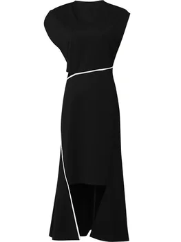 2023 Новое дизайнерское летнее черно-белое платье хитового цвета для женщин с воротником-стойкой, открытой талией, нестандартной формы, офисные тонкие платья миди