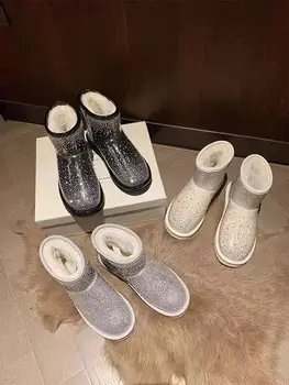 2023 Новые женские зимние ботинки с кристаллами, модная хлопковая обувь для девочек, зимняя плюшевая уличная повседневная обувь, Сапоги на платформе, женские размеры 35-40