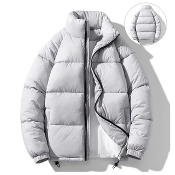 2023 Новый зимний Толстый теплый пуховик для мужчин, повседневное однотонное пальто на молнии с длинным рукавом, Модная верхняя одежда со свободным стоячим воротником