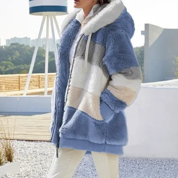 2023 Осенне-зимнее женское пальто с капюшоном в стиле пэчворк на пуговицах, молнии и шнурках, свободные модные повседневные Элегантные топы с длинными рукавами