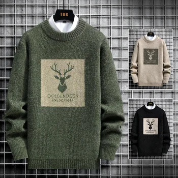 2023, Осенние винтажные свитера, Уродливые свитера для мужчин, Вязаный свитер, мужской пуловер с принтом оленя, Harajuku, белый бархатный свитер с подкладкой