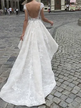 2023 Свадебное платье с высоким и низким вырезом цвета Шампанского, Кружевная вышивка, аппликации, свадебные платья с открытой спиной, Vestidos De Noiva