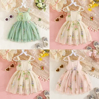 2024 Новое Модное платье для девочек-малышей, Винтажное платье принцессы с цветочной вышивкой, детское платье с пушистыми сетчатыми подтяжками, Летняя повседневная одежда