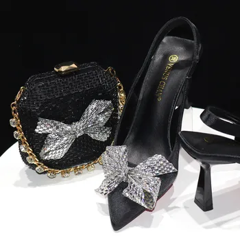 2024 Новый итальянский дизайн, Черные босоножки на высоком каблуке со стразами, Повседневный стиль, пара остроконечных босоножек, Нигерийский сексуальный женский набор сумок для обуви