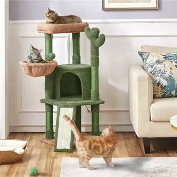 42-Дюймовая кактусовая башня для кошек на дереве с когтеточками из натурального сизаля, зеленый и коричневый