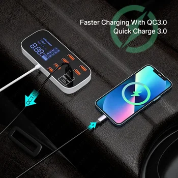 8-портовое автомобильное USB-зарядное устройство QC3.0 PD Fast Charge 40W 8A, многопортовая USB-розетка со светодиодным дисплеем