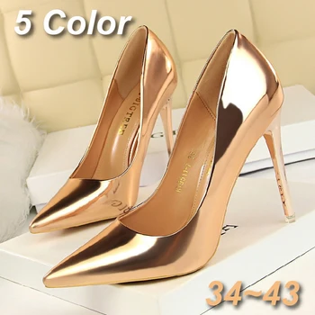 9511-7 Европейская и американская металлическая модная женская обувь на высоком каблуке с мелким носком и острым носком, сексуальные тонкие одиночные туфли для ночного клуба
