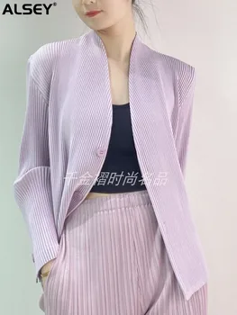 ALSEY Miyake, Плиссированная женская куртка с V-образным вырезом и пуговицами, Весенний Новый модный Тонкий Простой Корейский однотонный костюм