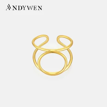 ANDYWEN Серебро 925 Пробы, Золотые кольца с геометрическим кругом, регулируемые кольца, подростковые женские украшения для вечеринок в стиле рок-панк