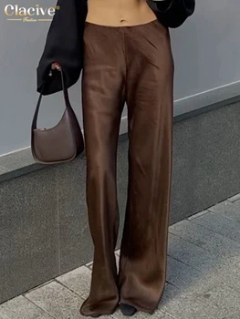 BabYoung Повседневные свободные коричневые атласные женские элегантные брюки средней длины со средней талией, простые однотонные шелковистые прямые брюки Женские