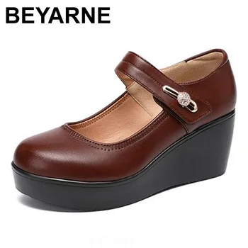 BEYARNE2020/ весенняя кожаная обувь; женская обувь на платформе и танкетке; обувь на высоком каблуке с круглым носком; удобные черные женские туфли-лодочки; большой размер 33-43
