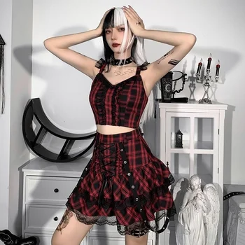 Darklooks темная субкультура, готический комплект плиссированной юбки в клетку с кружевным ремешком на подтяжках, женский комплект из двух предметов