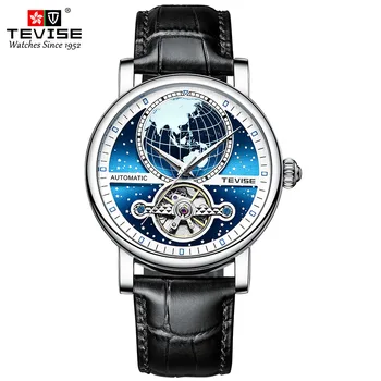 Earth Star Watch Man TEVISE T867K Синие Люминесцентные Роскошные Автоматические часы Мужские Механические часы с турбийоном из водонепроницаемой кожи