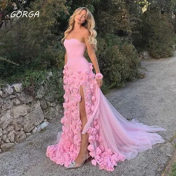 GORGA Simple 3D Flowers, Розовые вечерние платья Русалки без бретелек, Саудовская Аравия 2023, Тонкие тюлевые вечерние платья в пол, платье для выпускного вечера