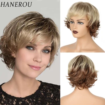 HANEROU Синтетический смешанный блондино-каштановый парик с короткой стрижкой 