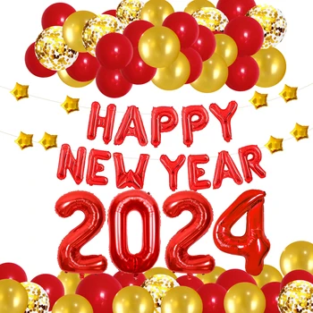 JOYMEMO С Новым годом 2024 Украшения из воздушных шаров Принадлежности для новогодних вечеринок 2024 Фольгированные воздушные шары Баннер Золотисто-красный Комплект воздушных шаров
