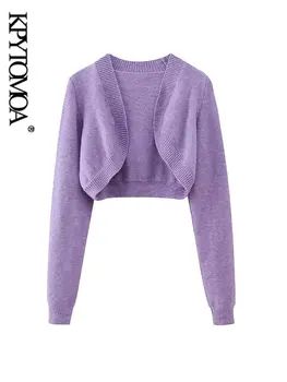 KPYTOMOA-Укороченный кардиган открытой вязки для женщин, Свитер с длинным рукавом, Женские пуловеры, Шикарные топы, Мода