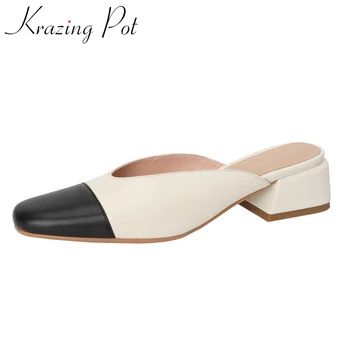 Krazing Pot/ натуральная кожа с квадратным носком на среднем каблуке смешанных цветов, женская повседневная одежда без застежки, модные женские туфли-лодочки L30