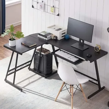 L-образный Компьютерный стол с Подставкой для процессора, Игровой Стол для Домашнего Офиса, Письменный Стол с Подставкой для клавиатуры, Круглый Угол (Черный как смоль)