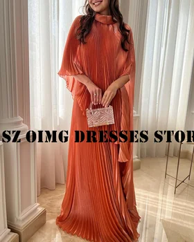 OIMG Новый дизайн, плиссированные платья для выпускного вечера с высоким воротом, арабские женские платья-кепки, Атласные Оранжевые вечерние платья трапециевидной формы, официальное праздничное платье