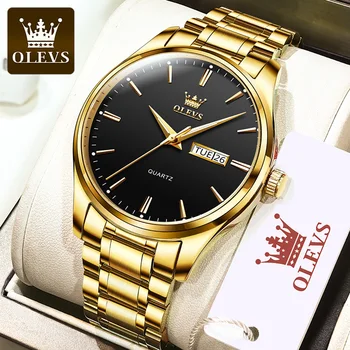 OLEVS Мужские часы Лучший бренд класса люкс с золотым ремешком из нержавеющей стали, кварцевые часы для мужчин, водонепроницаемые Часы с датой недели, деловые мужские часы