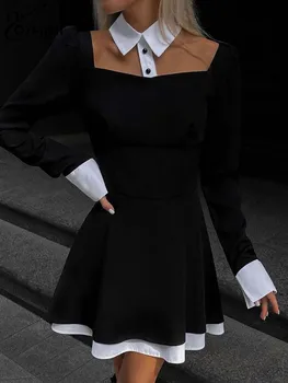 Oymimi Элегантное Черное женское платье в стиле пэчворк Модные платья с длинным рукавом и пуговицами, Повседневные плиссированные мини-платья Уличная одежда