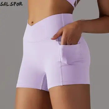 SALSPOR Женские шорты для йоги с перекрестной V-образной талией и карманами, бесшовные, для подтяжки ягодиц, для фитнеса, Обтягивающие, эластичные, тонкие Спортивные леггинсы