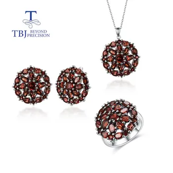 Tbj, набор ювелирных изделий из стерлингового серебра 925 пробы с натуральным красным гранатом, серьги с драгоценными камнями, кольцо, кулон, ожерелье, высокое качество для женщин, подарок