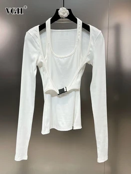 VGH Однотонные открытые минималистичные футболки для похудения для женщин, повседневный пуловер с длинным рукавом на бретелях, футболка, женская модная одежда