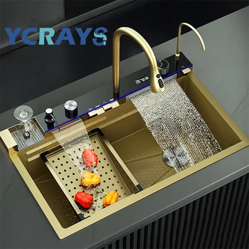 YCRAYS Gold Waterfall Многофункциональная Кухонная раковина, Большой Однощелевой кран со встроенным цифровым дисплеем, Дозатор мыла, Шайба для мытья чашек
