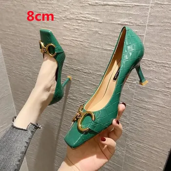 Zapatos De Mujer Женские Классические Высококачественные Зеленые Слипоны на Высоком Каблуке для Ночного Клуба Sapatos Femininas Черные Туфли на каблуке F9285