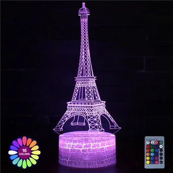 Акриловая 3D настольная лампа World Building Eiffel Tower Home Room Decor 16 Светодиодных ночных светильников с дистанционным изменением времени цвета в подарок к празднику