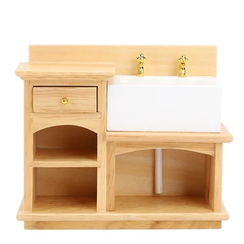 Аксессуар для мини-кукольного домика 1:12 Миниатюрная мебель Кухонная раковина Деревянный умывальник