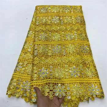 Африканская гипюровая кружевная ткань желтого цвета, новейший Швейцарский нигерийский шнур, блестки, кружевная вышивка, водорастворимая кружевная ткань для женского платья