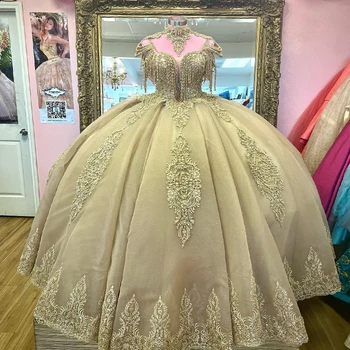 Бальное платье принцессы цвета шампанского с высоким воротом, пышные платья с открытыми плечами, бусины, аппликации, жемчуг, роскошные платья от 15 Anos