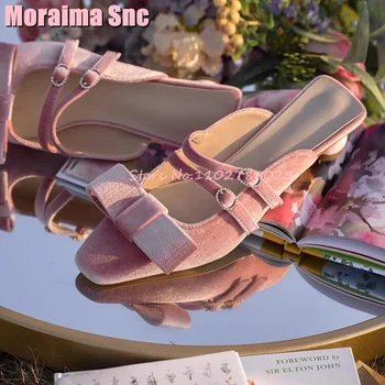 Бархатные тапочки-шлепанцы с квадратным носком и узлом-бабочкой, кружевная пряжка для ремня на среднем каблуке, розовые однотонные модные женские туфли-шлепанцы, новинка лета