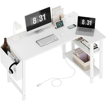 Белый Г-Образный Компьютерный Стол С Полками Для Розеток 40-Дюймовый Маленький Угловой Стол для Небольшого Пространства Домашний Офисный Стол Pliante Desks