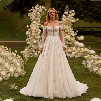 Богемное свадебное платье YOLANMY без бретелек с длинным рукавом, простые иллюзионные аппликации, придворный шлейф, свадебное платье для невесты, прямая доставка