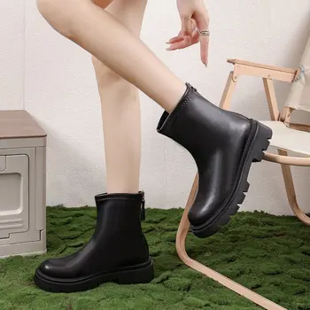 Ботильоны для женщин, Новые черные кожаные ботинки на платформе с застежкой-молнией, женские ботинки 
