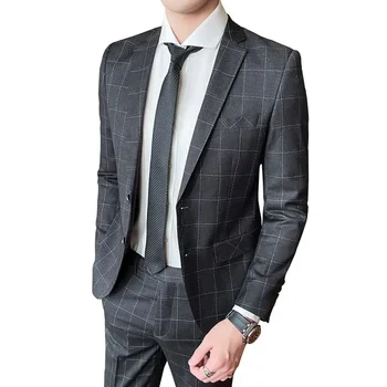 Бутик S-4XL (костюм + брюки) Мужская мода Деловой Повседневный Джентльмен Удобный британский стиль Официальное оформление плед