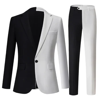 Весенне-осенний мужской костюм 2023 года, комбинированный костюм черного и белого цветов, комплект из двух предметов