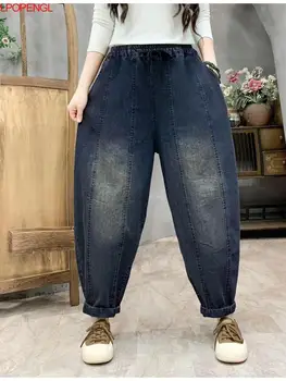 Весенняя женщина 2024, Винтажный этнический стиль, потертые застиранные джинсовые брюки, эластичный пояс, вертикальная полоса, свободные мешковатые джинсы