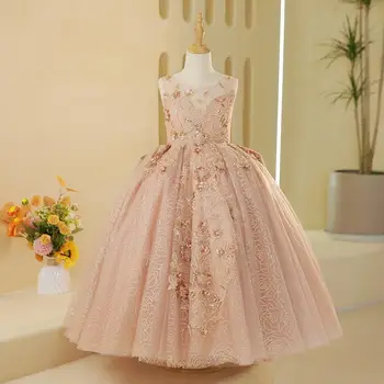Вечернее платье для девочек, Розовое Элегантное платье с кружевной спинкой, детские платья принцессы, свадебный костюм, Рождественский костюм, платье для выпускного вечера