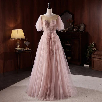 Вечернее платье розового цвета с круглым вырезом и короткими рукавами Длиной до пола, на шнуровке, тюль, блестки, бусины, простые элегантные вечерние платья для вечеринок, женские B2739